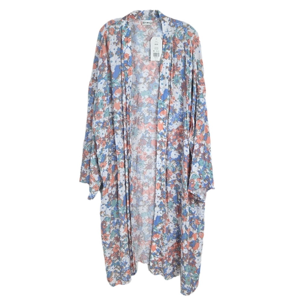 Duster Cardigan Gauzy Lightweight Womens White Blue 3X 4X Floral Watercolor